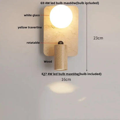 Modern beige travertine copper led wall lamp with rotatable wooden base and dual integrated light sources for bedroom decorbites copper led