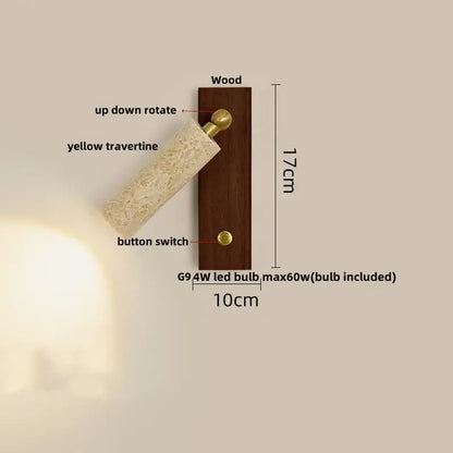 Modern beige travertine copper led wall lamp with dark wood base and brass accents for bedroom decorbites copper led lighting