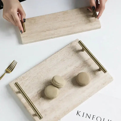 Modern beige travertine stone tray with sleek gold-tone metal handles for elegant decorbites beige travertine decor