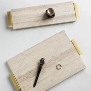 Modern beige travertine stone tray with gold-tone metal handles for kitchen decorbites beige travertine decor