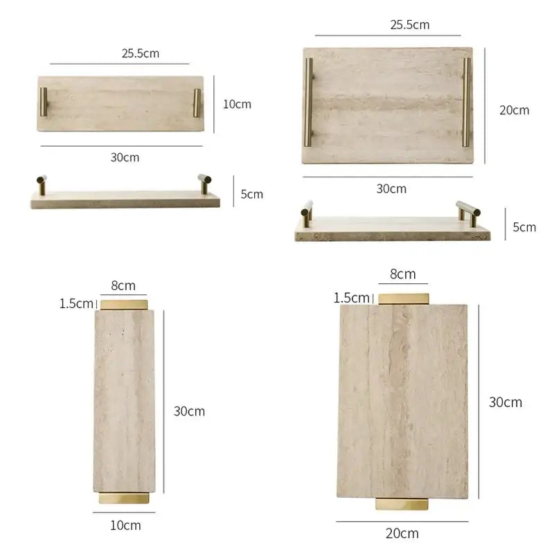 Modern beige travertine stone tray with gold-toned metal handles and feet perfect for kitchen decorbites beige travertine