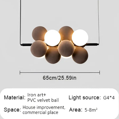 Modern beige and white abstracta pendant lamp with six spherical iron and pvc velvet bulbs for dining room decorbites pendant lamp