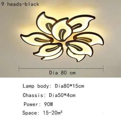 Modern beige and white flower led ceiling light with black frame and nine petal-shaped heads for elegant living room lighting