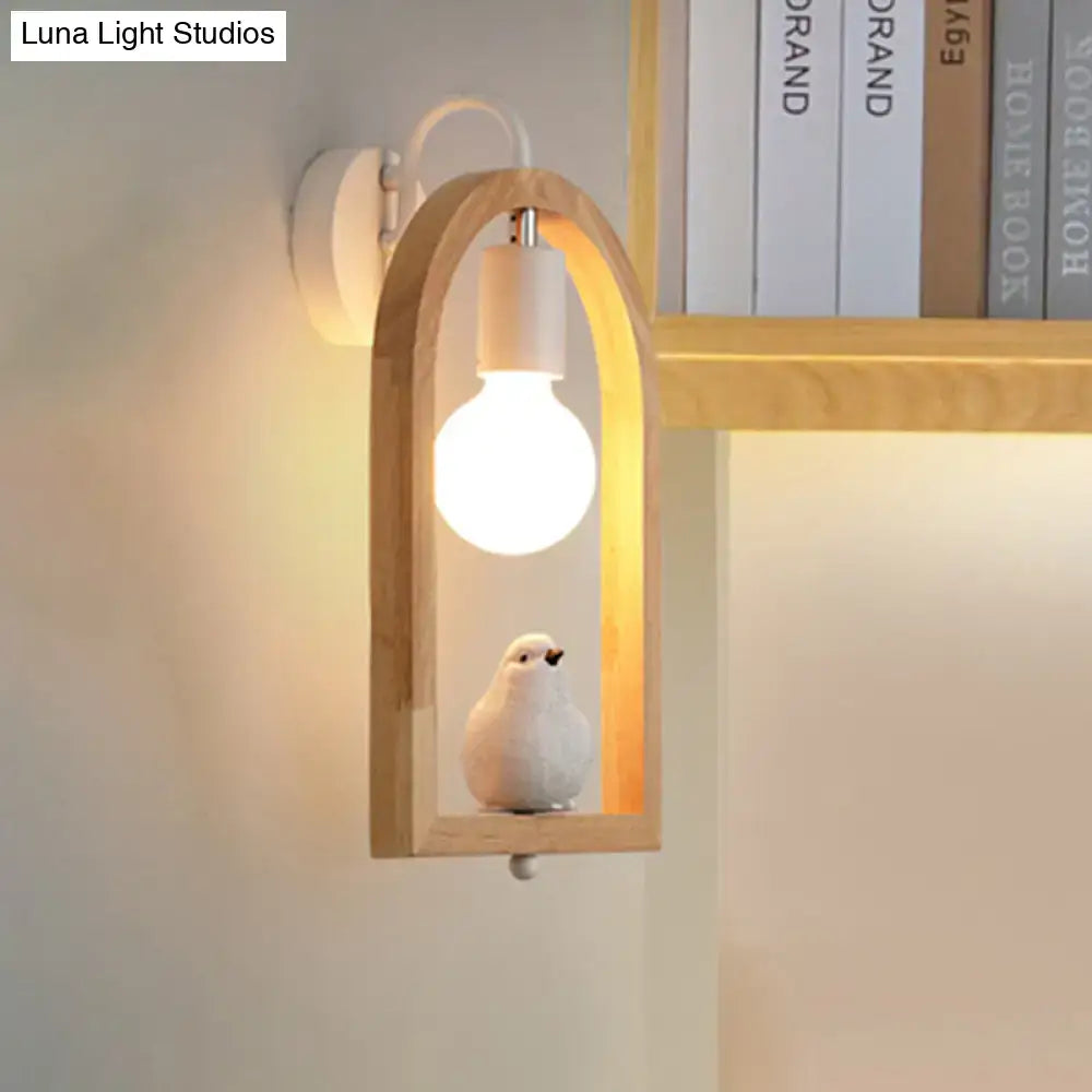 Modern beige wooden arched wall lamp with ceramic bird decor and power source, measuring nine inches for bedroom use