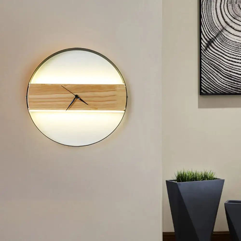 Modern beige wooden led wall clock with minimalist design natural wood band white backlight black rim 110v-120v 220v-240v
