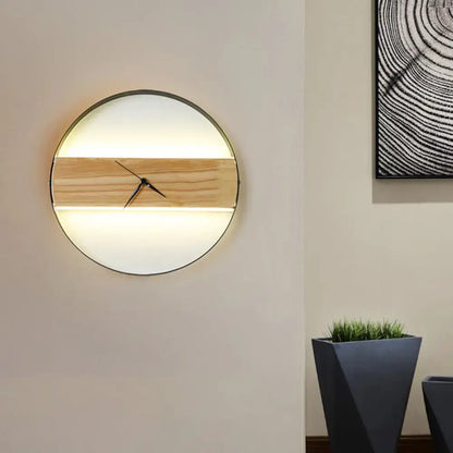 Modern beige wooden led wall clock with minimalist design natural wood band white backlight black rim 110v-120v 220v-240v