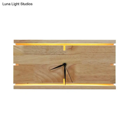 Modern beige wooden led wall clock with warm yellow lighting featuring black hands on natural wood grain 110v-120v 220v-240v