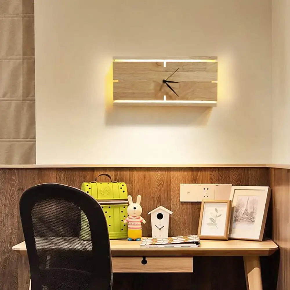 Modern beige wooden led wall clock with integrated edge lighting for living room available in 110v-120v and 220v-240v