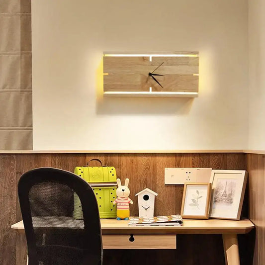 Modern beige wooden led wall clock with integrated edge lighting for living room available in 110v-120v and 220v-240v
