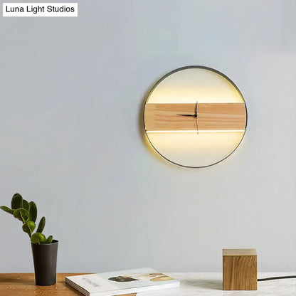 Modern beige wooden led wall clock with light wood band and illuminated face in thin black frame 110v-120v 220v-240v
