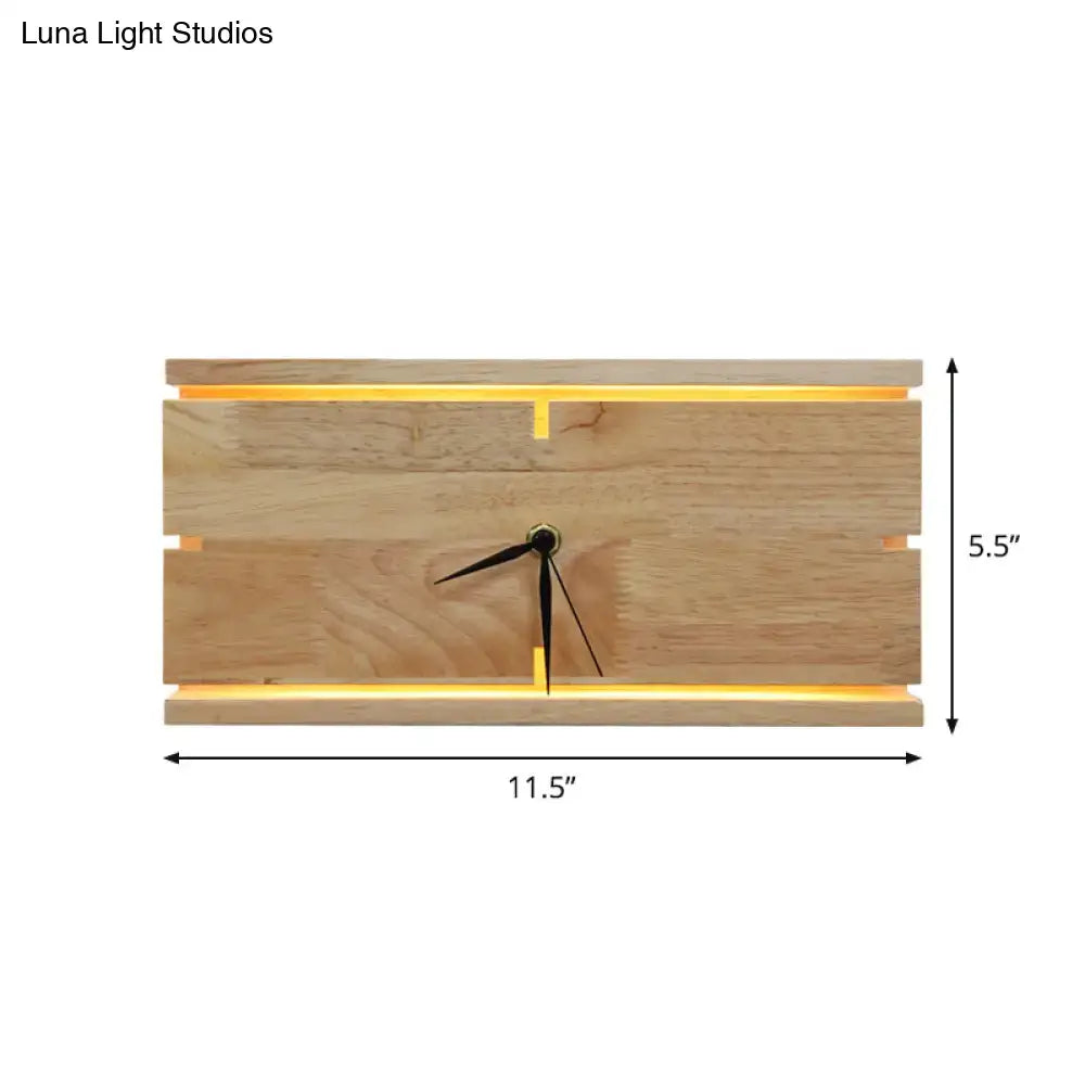 Modern beige wooden led wall clock with warm lighting and black hands on natural wood grain face 110v-120v 220v-240v