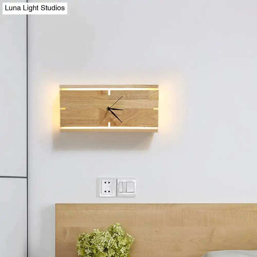 Modern beige rectangular wooden wall clock with integrated led lighting and black hands for 110v-120v 220v-240v use