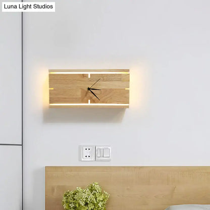 Modern beige rectangular wooden wall clock with integrated led lighting and black hands for 110v-120v 220v-240v use