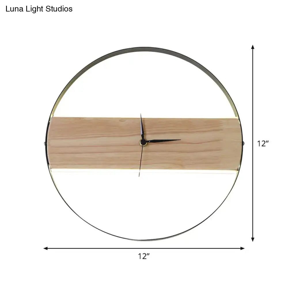 Modern beige wooden LED wall clock with black metal frame and light wood panel compatible with 110v-120v and 220v-240v