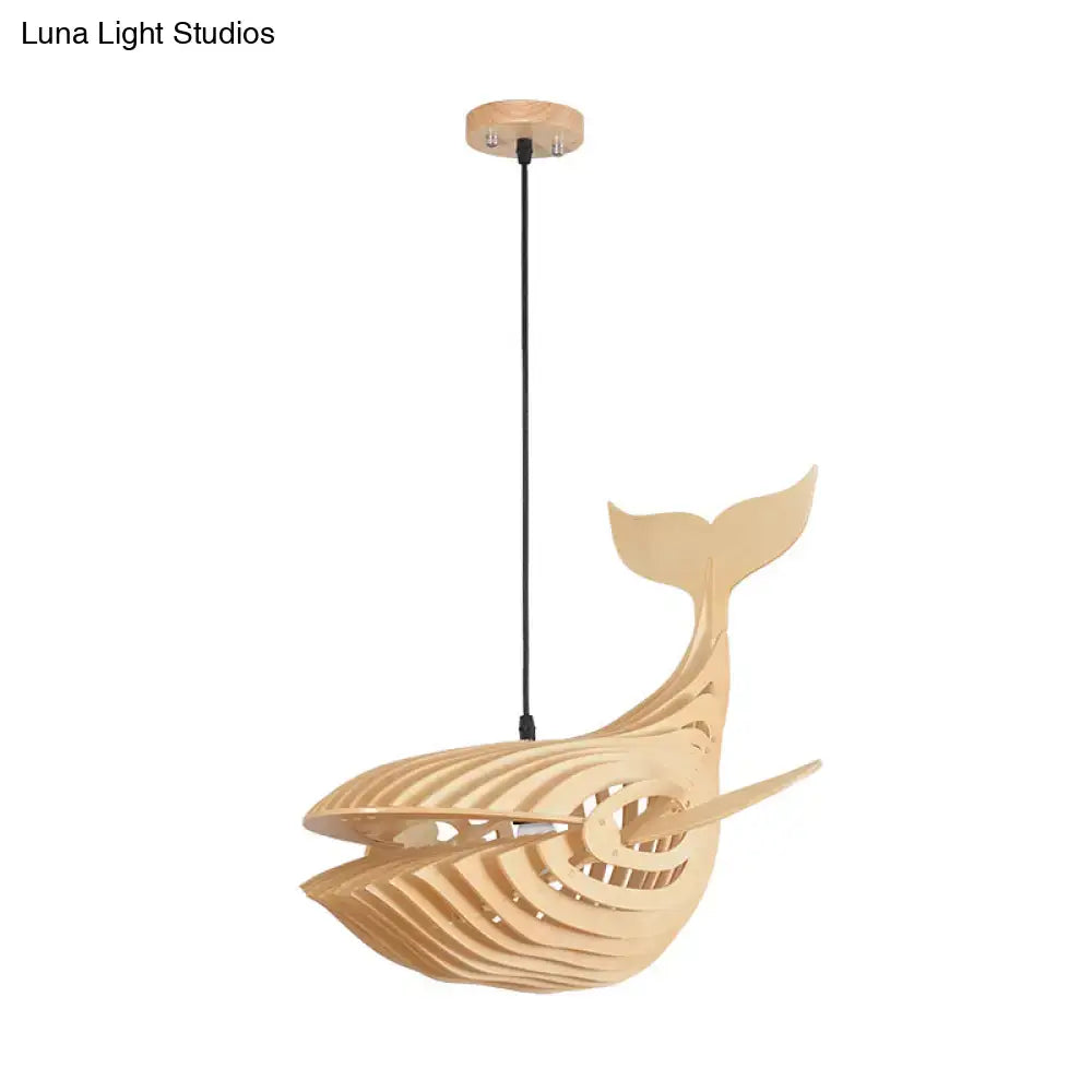 A modern hanging beige wooden whale kids pendant light with a sleek layered design and natural wood finish
