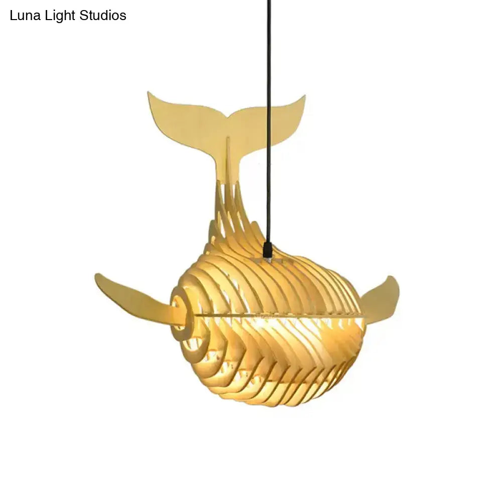 Modern beige wooden whale kids pendant light with sleek ribbed design and warm glow for bedroom hanging lamp