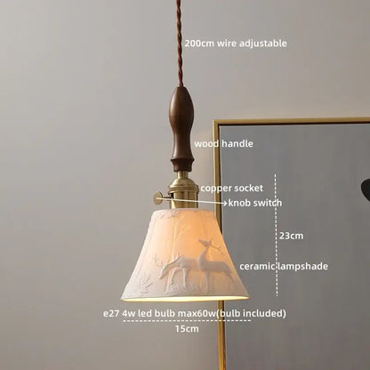 Modern bell ceramic led pendant light with warm-toned deer embossed shade, twisted copper wire, and wood handle decorbites ceramic led