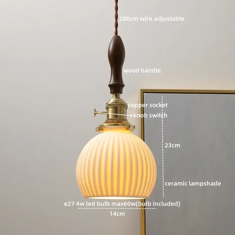 Modern bell-shaped warm-toned ceramic led pendant light with vertical ridges and dark wood handle for decorbites ceramic led decor