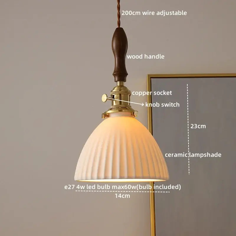 Modern bell ceramic led pendant light with warm-toned ridged ceramic shade, wooden handle, and brass decorbites ceramic led hardware