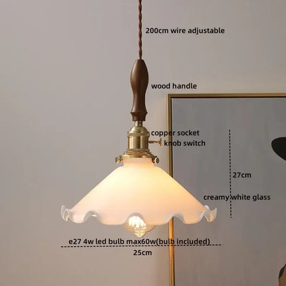Modern bell ceramic led pendant light with creamy white ruffled glass shade suspended by adjustable copper wire and wooden handle decorbites ceramic led pendant