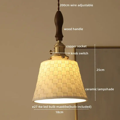 A warm-toned ceramic led pendant light with woven texture hangs from a wooden handle for modern decorbites ceramic led decor