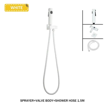 Modern white bidet faucet set with handheld shower sprayer, 1.5 meter flexible coiled hose, and matching valve body