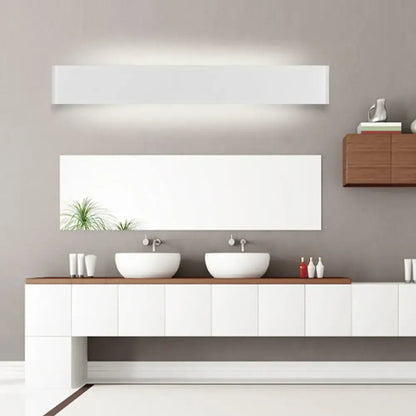 Modern black 12 inch led vanity wall sconce with sleek white rectangular minimalist design for bathroom vanity wall use