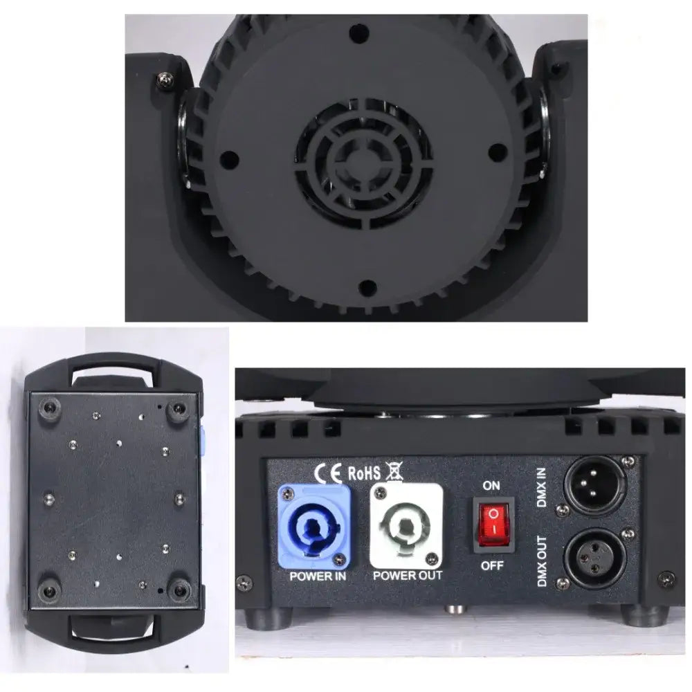 Black industrial-grade 12x12w rgbw wash stage light with cooling fan dmx ports and red toggle switch for party room