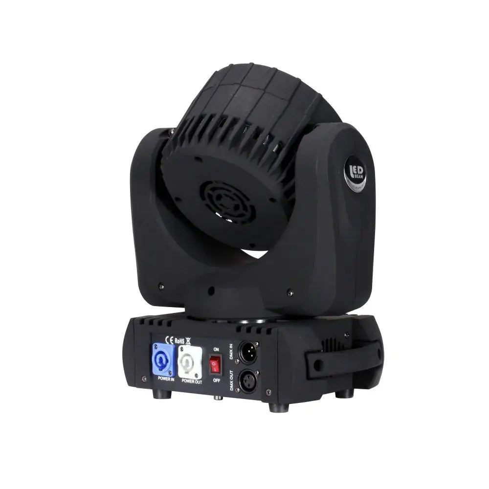Black led beam spotlight with ribbed housing and control panel showing power inputs and output ports for 12x12w rgbw wash