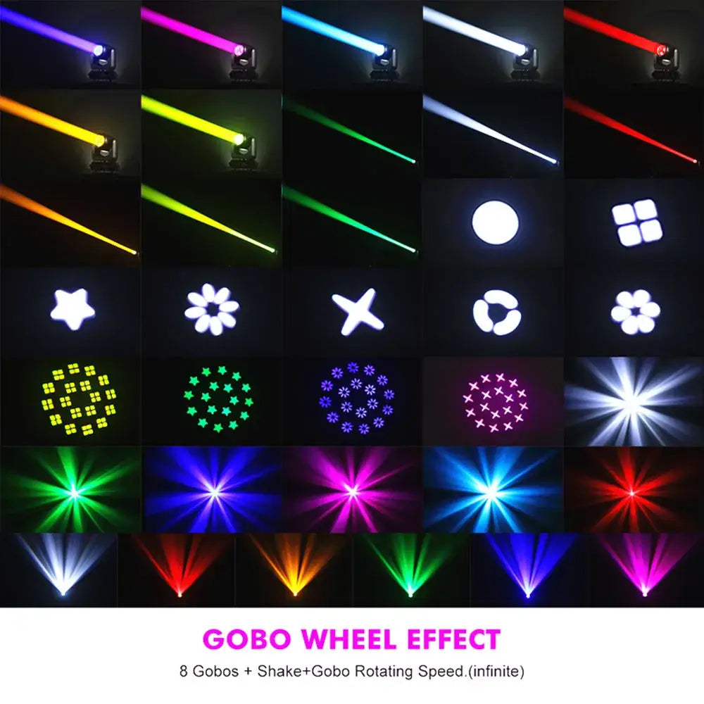 Modern black 150w led moving head light with rotating gobo wheel projecting vibrant colorful patterns for stage decor