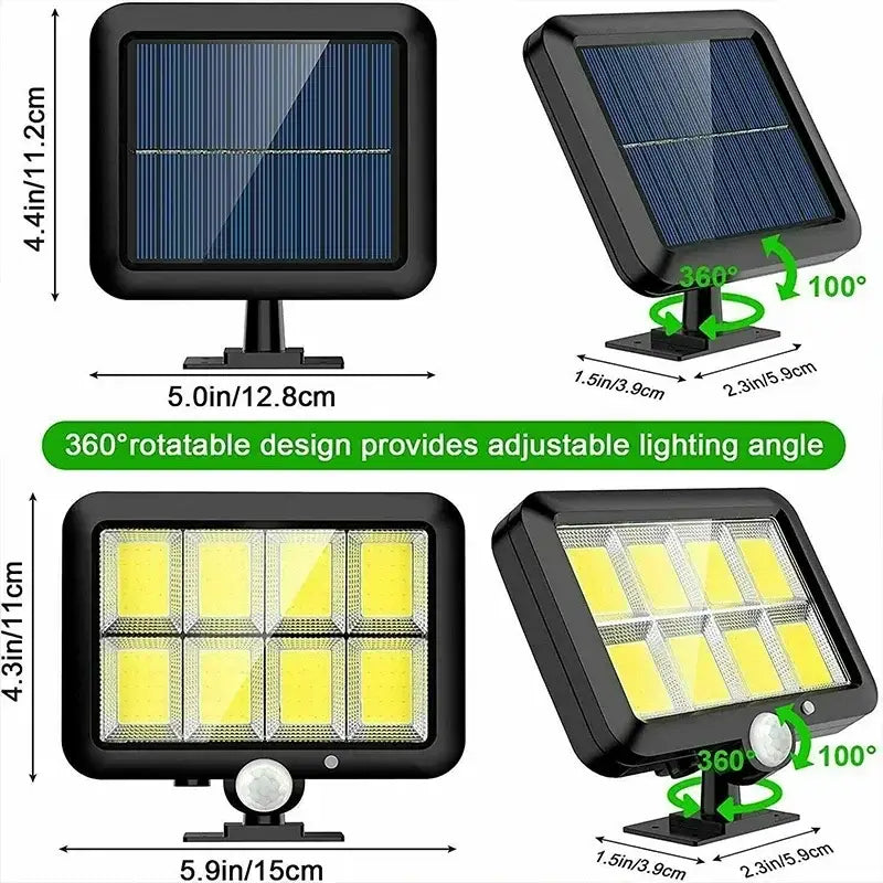 Modern black 160cob solar outdoor wall light with adjustable 360-degree rotation and motion sensor for garden use
