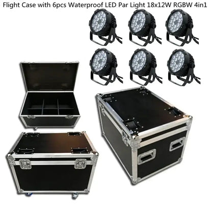 Black flight case with silver aluminum edges and latches for six 6in1 led par 18x18w rgbwa uv 6in1 lights