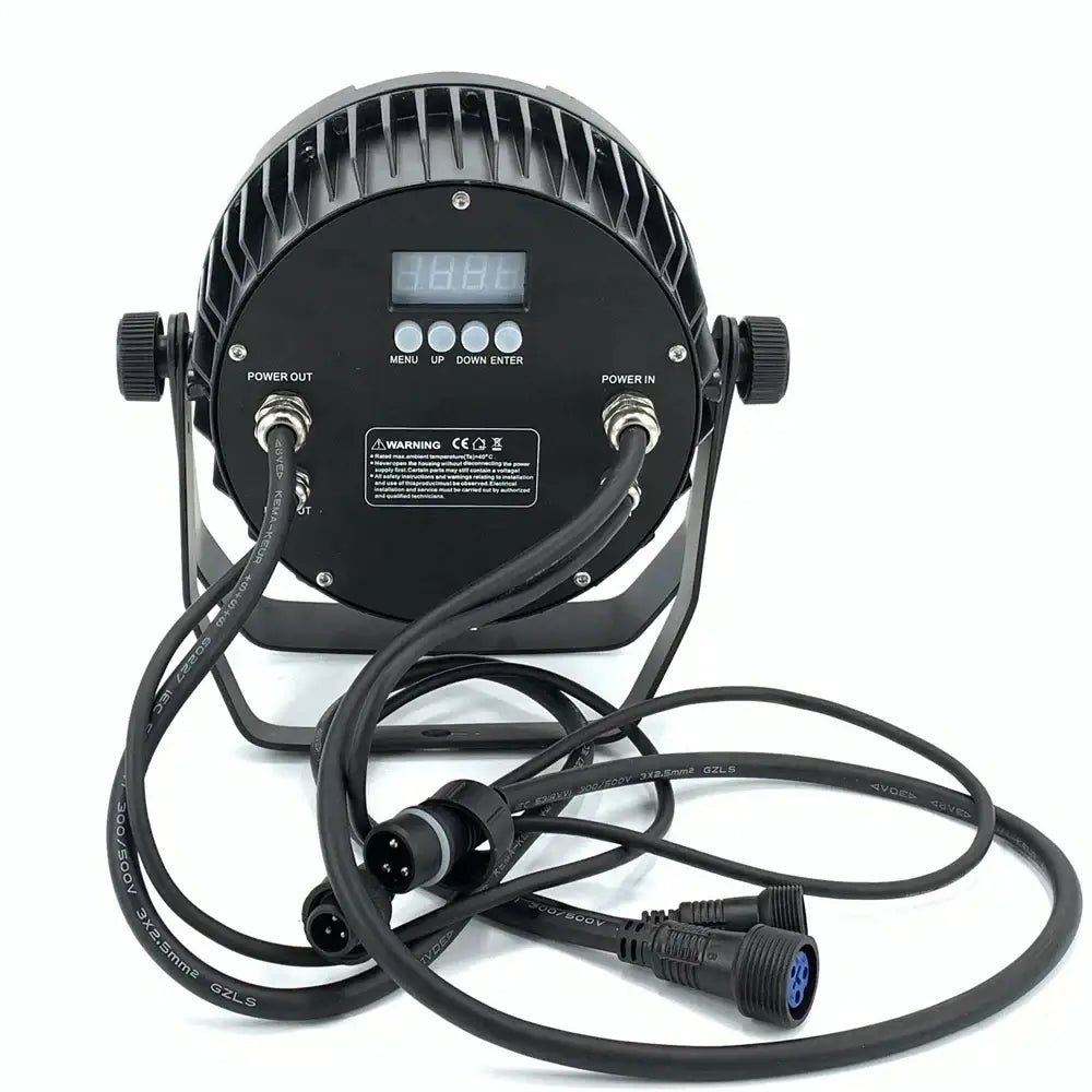 Modern black 18x18w rgbwa uv 6in1 led par light back side with digital display control buttons power connectors and cooling fins