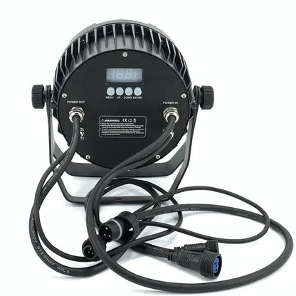 Modern black 18x18w rgbwa uv 6in1 led par light back side with digital display control buttons power connectors and cooling fins