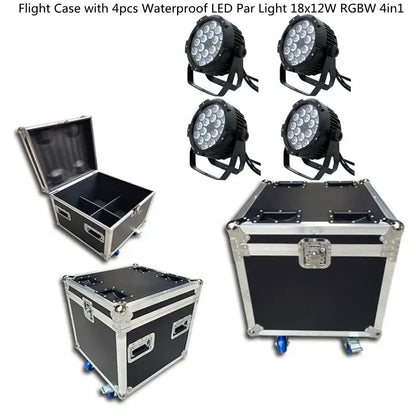 Black flight case with silver metal edges and latches holding four waterproof 18x18w rgbwa uv 6in1 led par lights
