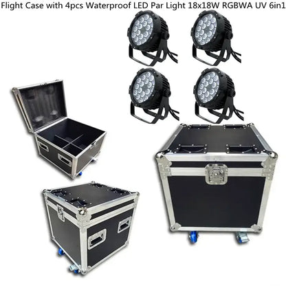 Black flight case with silver aluminum trim and blue wheels for securely transporting 18x18w rgbwa uv 6in1 led par lights