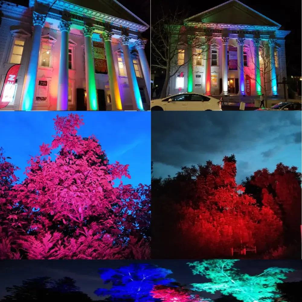 Modern black 18x18w rgbwa uv 6in1 led par lights illuminate classical building columns with vibrant rainbow colors at night