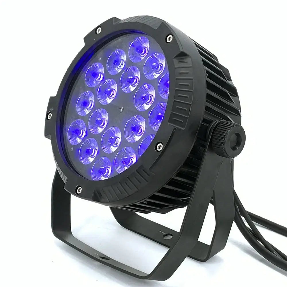 Modern black 18x18w rgbwa uv 6in1 led par stage light with 18 bright blue leds in a grid for party room decor