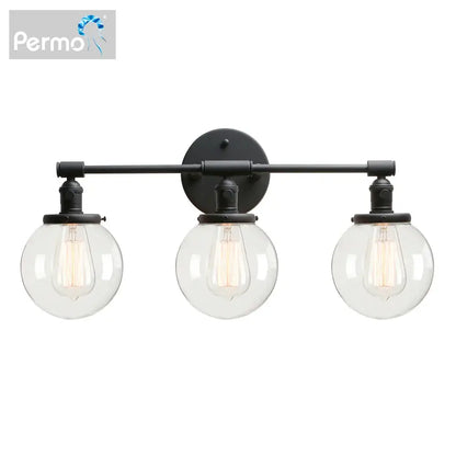 Modern black 3-light wall sconce with clear glass globe shades and exposed filament bulbs for bathroom vanity use