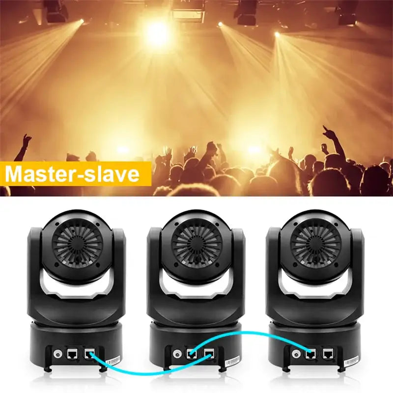 Three black cylindrical 300mw rgb moving head laser lights with fans and ethernet ports connected in master-slave setup