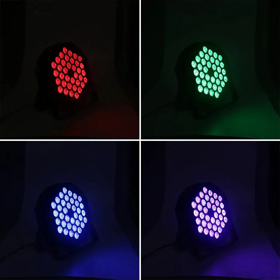 Modern black circular led rgbw stage par light fixture with 36 bright round leds in hexagonal pattern for parties
