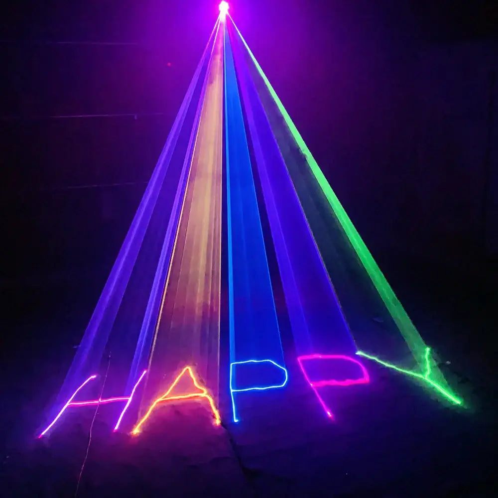 Modern black 3d laser lights rgb display a colorful happy sign in vibrant neon for living room disco beam use