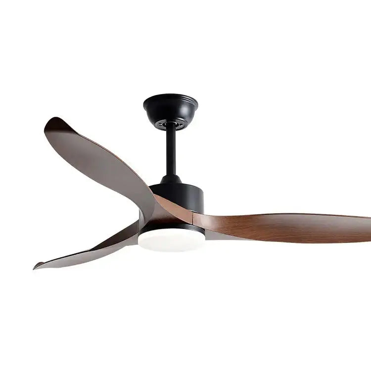 Modern black 52 inch pure copper dc motor ceiling fan with remote control and dark wood blades featuring integrated light
