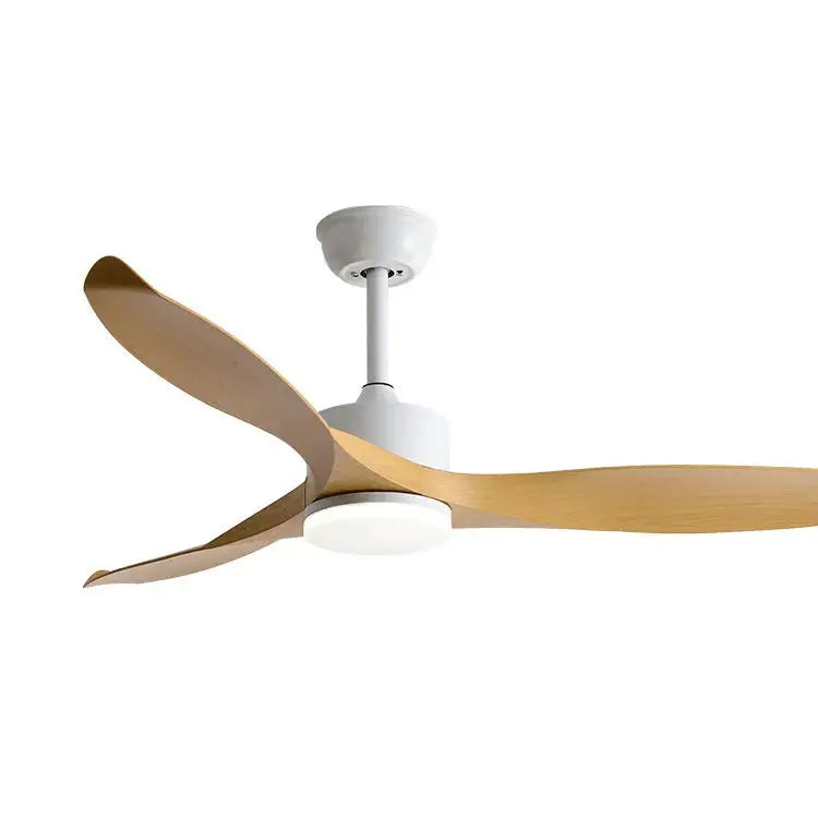 Modern black 52 inch pure copper ceiling fan with three light wooden blades and white central housing for living room use