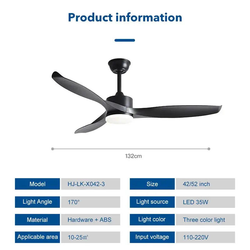 Modern black 52 inch pure copper ceiling fan with three sleek blades and integrated led light for living room use