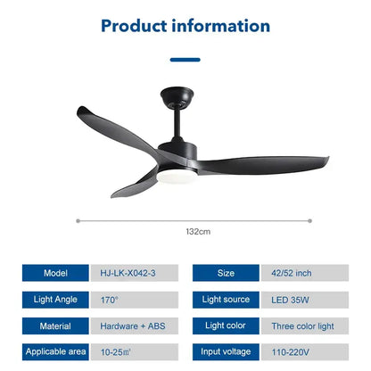 Modern black 52 inch pure copper ceiling fan with three sleek blades and integrated led light for living room use
