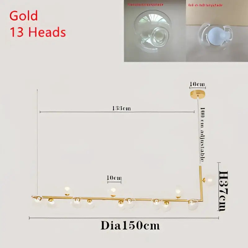 Gold-colored pendant light with 13 spherical glass shades on adjustable arm for modern dining room lighting