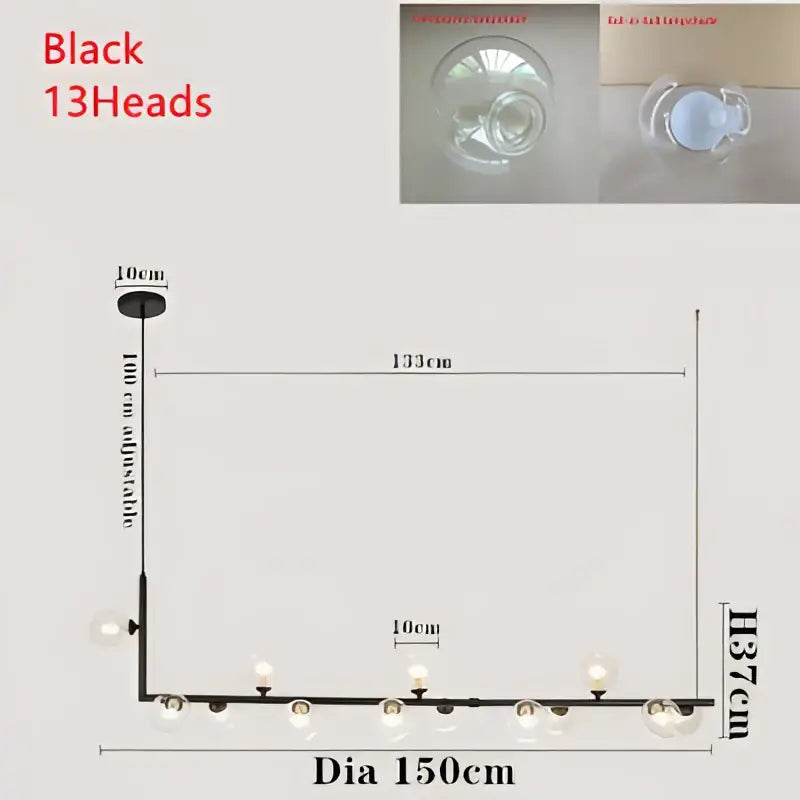 Modern black pendant light with 13 frosted glass globes in a linear design ideal for dining room lighting