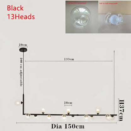 Modern black pendant light with 13 frosted glass globes in a linear design ideal for dining room lighting
