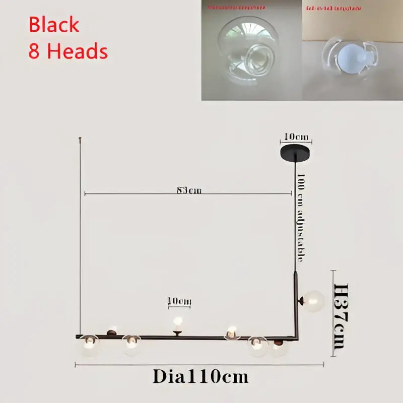 Modern black pendant light with eight spherical glass bulbs featuring double glass shade design for dining room use